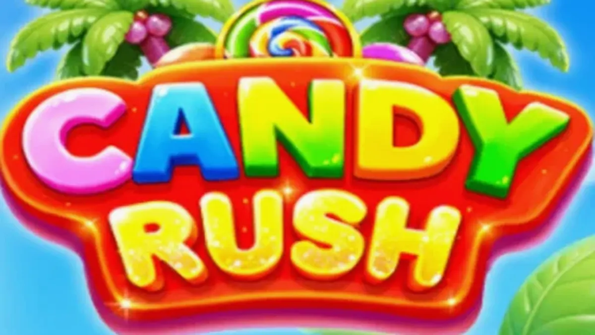 Candy Rush slot machine interface with vibrant candy symbols